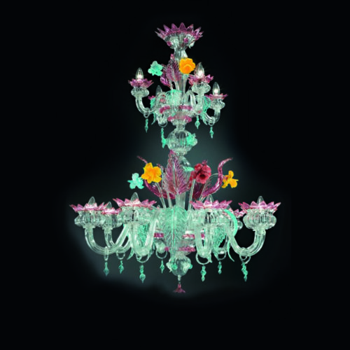 Big chandelier in Murano glass, with pink and sea water decors, with flowers in paste