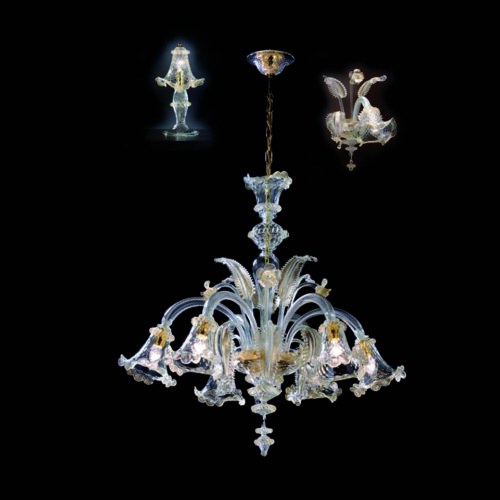 Lampadario in cristallo di murano trasparente con decori in oro zecchino