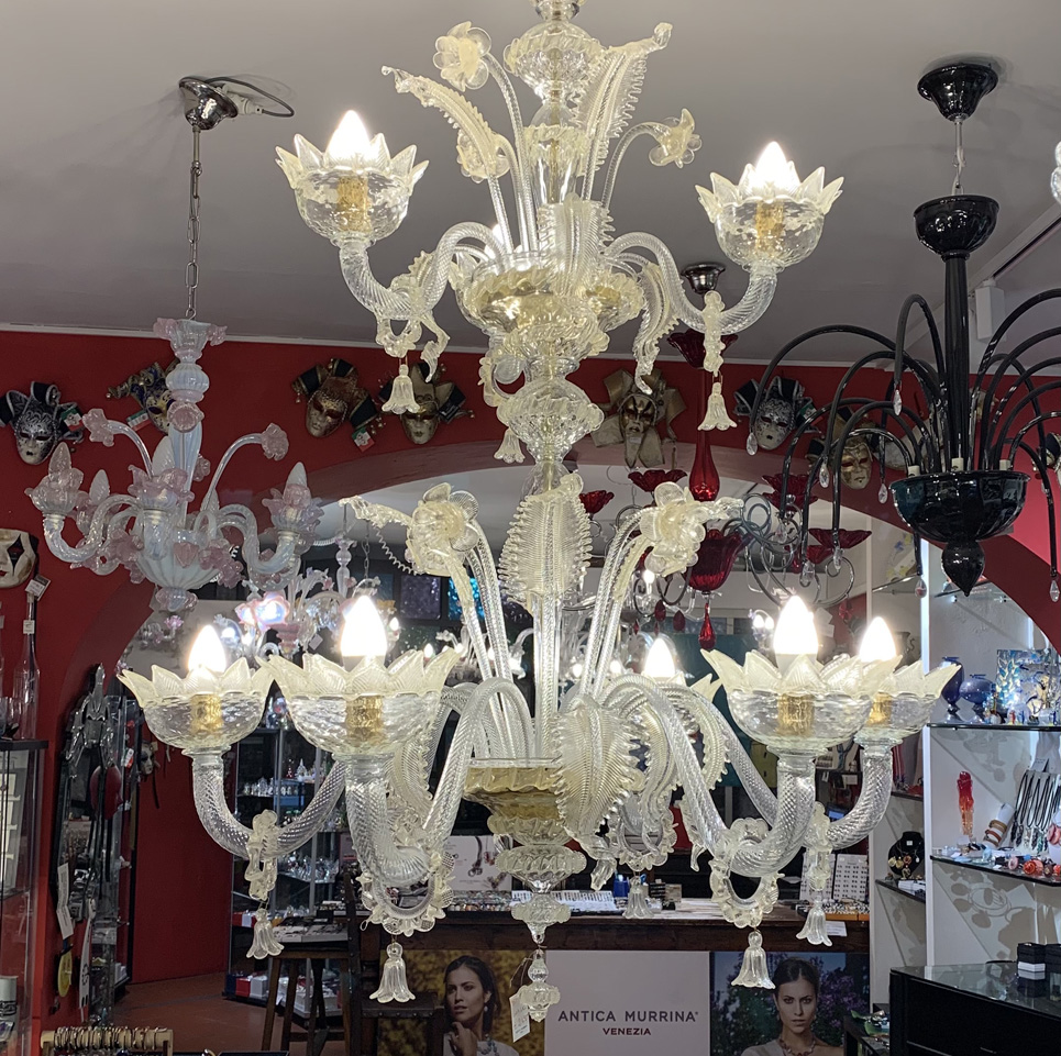 Lampadario in vetro soffiato di Murano su due piani con anelli ai bracci in  color cristallo trasparente e oro 24kt, vendita cristallo di Murano a  Firenze
